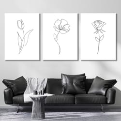 floral line 3 piece wall art print minimalist flower line art abstract modern wall decor extra large set of 3 poster bed