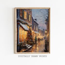 Vintage Christmas Wall Art, Christmas City Landscape Oil Painting, Winter Village Art, Seasonal Christmas Decor, Christm