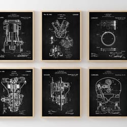 engine internal components patent set of 6, bearing, combustion engine, transmission, piston patent, gift for him,wall a