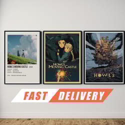 howls moving castle posters - howl's castle poster set, howl move castle wall decor, howling anime art decoration, fan g