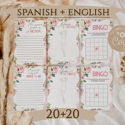 Pink Floral Bilingual Bridal Shower Games, Despedida de Soltera Juegos, Spanish English Bridal Shower Games Printable