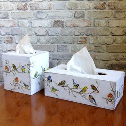 rustic wooden tissue box cover. birds decoration napkins box holder.
