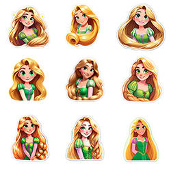 Rapunzel Stickers, Rapunzel Princess Bundle, Rapunzel in green dress 12 stickers, 2d and 3d style