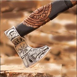ishaq crafts, custom handmade corban steel viking axe engraved on head and handle. viking bearded hatchet tomahawk axe..