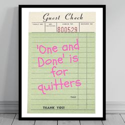 retro guest check - never one and done trendy wall art cocktail random rum bar cart alcohol poster dorm art