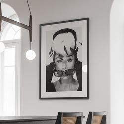 audrey hepburn sunglasses poster, black and white fashion art, audrey hepburn print,old hollywood decor,feminist print,v