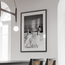 woman drinking wine in bed art, black and white wall decor, feminist poster,alcohol themed print,wall art,teen girl bedr