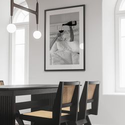 woman drinking wine in bed print, alcohol wall art, bar cart decor, teen girl bedroom art, feminist poster, black and wh