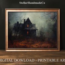 haunted house art print, halloween printable wall art, muted vintage spooky halloween art, dark acamedia halloween digit