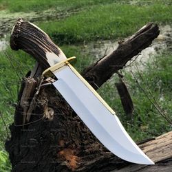 handmade forged bowie knife with deer horn handle – custom full tang hunting knife with leather sheath – personalized su