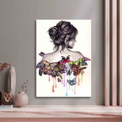 girl and butterflies drawing, woman wall art, abstract art, abstract woman wall decor, girl poster, butterfly canvas art