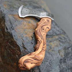 gift for him viking hatchet axe wolf forged carbon steel axe with wood handle viking bearded battle axe|anniversarygift