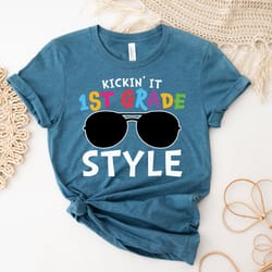 first grade teacher shirt, back to school party shirt, hello 1st grade tee, retro kickin it 1st grade style teacher shir