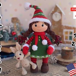 Crochet Pattern Christmas Doll and Bunny. TUTORIAL Doll in English, in PDF. Cute Santa's helper crochet toy. Christmas G