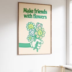 colorful trendy retro flower print, positive 60s 70s retro poster, retro floral illustration, digital download print, bo