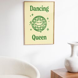 dancing queen wall art, disco ball print, funky print, groovy posters, dorm room decor, green disco ball, retro wall art