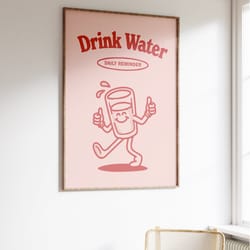 drink water retro print, cute trendy poster, retro quote, large printable art, printable art retro, red pink wall art, i