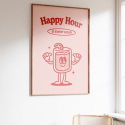 happy hour print, bar cart wall art, cute drinks poster, retro bar cart decor, drinks print, digital download, retro wal
