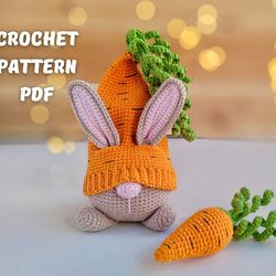 Crochet Easter Bunny gnome pattern and Carrot, Crochet easter decor gnome amigurumi PDF pattern, Gardener gift