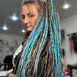 whisper dreads. brown, sky blue dreads, double ended. ready set