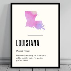 funny louisiana definition print louisiana poster minimalist map watercolor state silhouette modern travel word art