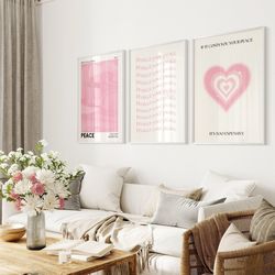 pink poster set of 3, light pink wall art, aesthetic posters, retro gradient poster, room decor aesthetic, 3 piece typog