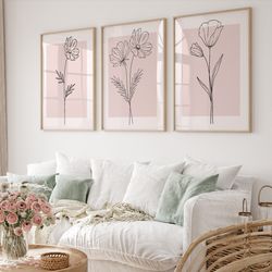 pink wall art set of 3, botanical wall decor, plant wall art, botanical art, pink home decor, flower wall print, pink wa