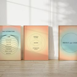 positive affirmation aura posters set of 3 mental health gradient wall art, printable poster, y2k aesthetic room decor