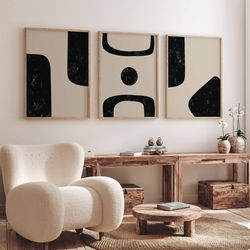printable mid century modern abstract black beige wall art set of 3, neutral large abstract art, downloadable prints, ga