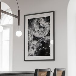 disco shining sparkling balls black and white photography, fashion poster, vintage funky poster, disco ball decor, luxur