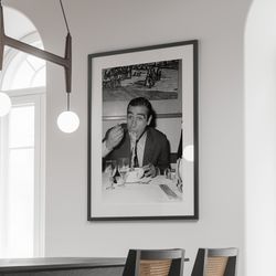 james bond eating spaghetti poster, vintage black and white print, kitchen wall art, pasta art, dining room decor, antiq