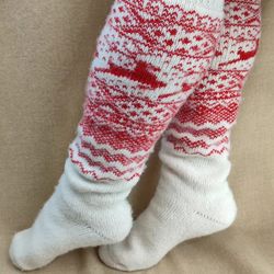 Knitted winter New Year's warm knee socks made of sheep wool