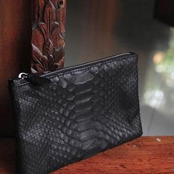 Genuine python skin blackcosmetic bag/ Purse Insert Organizer/Bag Insert For Tote Bag/ exotic leather wallet