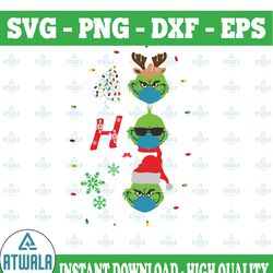 hohoho the grinch face svg png download, merry christmas xmas gift, grinch wear a mask, santa claus hat, quarantine chri