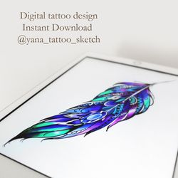 Feather  Tattoo Design Ornamental Feather  Tattoo Ideas Sketch, Instant download JPG, PNG, PDF