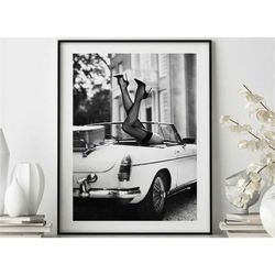 high heels in classic car poster, black and