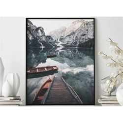 braies lake poster, dolomites beauty, mountain reflections, alpine