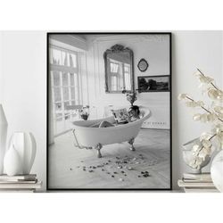 women in bathtub print, bathroom poster, black and