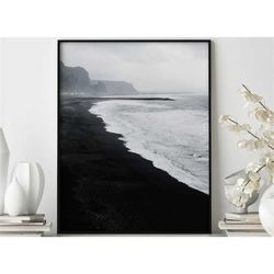 black beach poster, dramatic coastline, monochrome beauty, beach