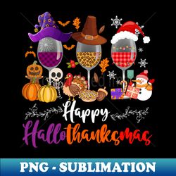 Happy Hallothanksmas Wine Glasses Witch Santa Hat Pumpkin - Sublimation-Ready PNG File - Vibrant and Eye-Catching Typography