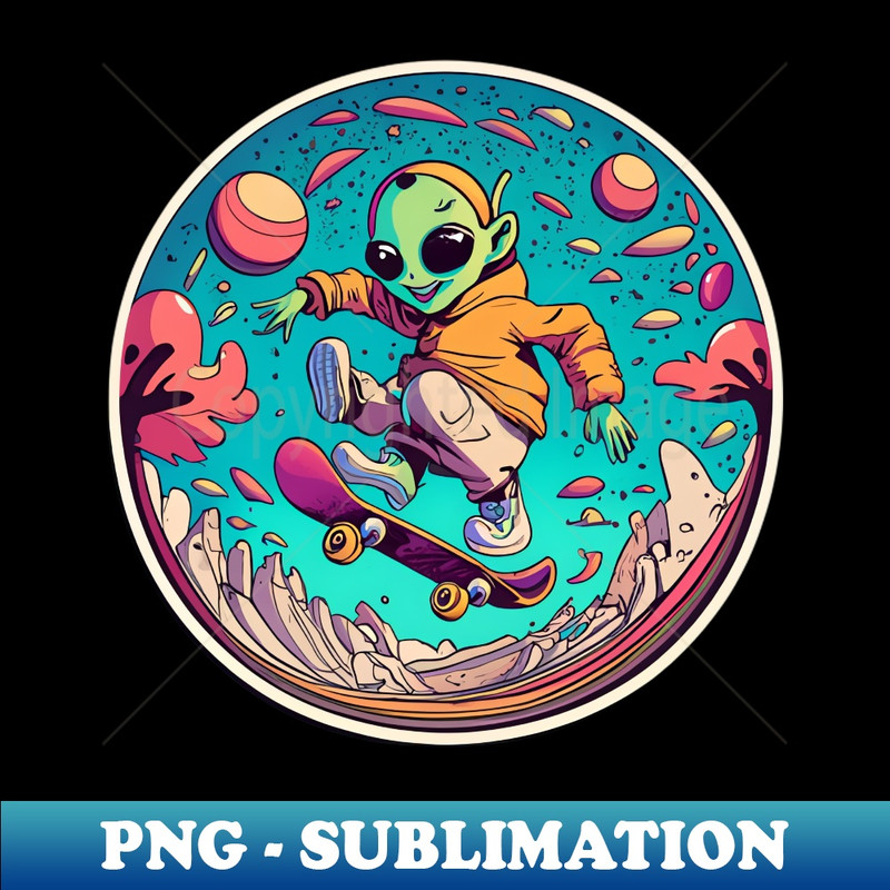 BP-20231117-9472_Minimal Vector Sticker Design Cute Smiling Alien Skateboarding in Vibrant Circular Composition 5057.jpg
