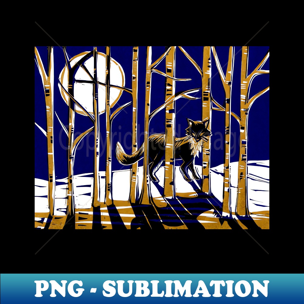 NQ-20231117-5140_Fox in Moonlit Forest Linocut in blue and gold 2352.jpg