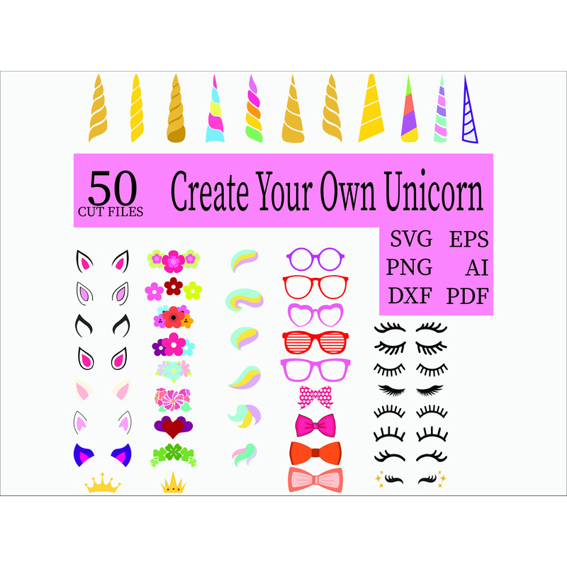 Unicorn svg Unicorn Kit Svg Create your own Lashes Svg Unicorn face svg Unicorn Bundle Horn Svg Unicorn Head SvgEpsPng 300 ppi Ai.jpg