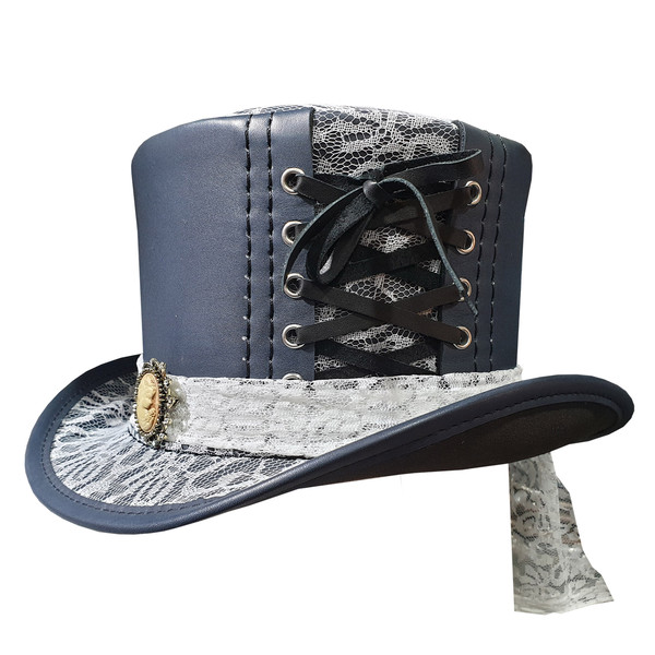 Steampunk Havisham White Crusty Fabric Navy Blue Leather Top Hat (1).jpg