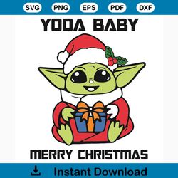 yoda baby merry christmas svg, christmas svg, baby yoda christmas svg, baby yoda holding gift svg, xmas svg, merry chris