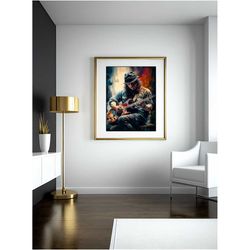 painterly guitar player design digital printable art design