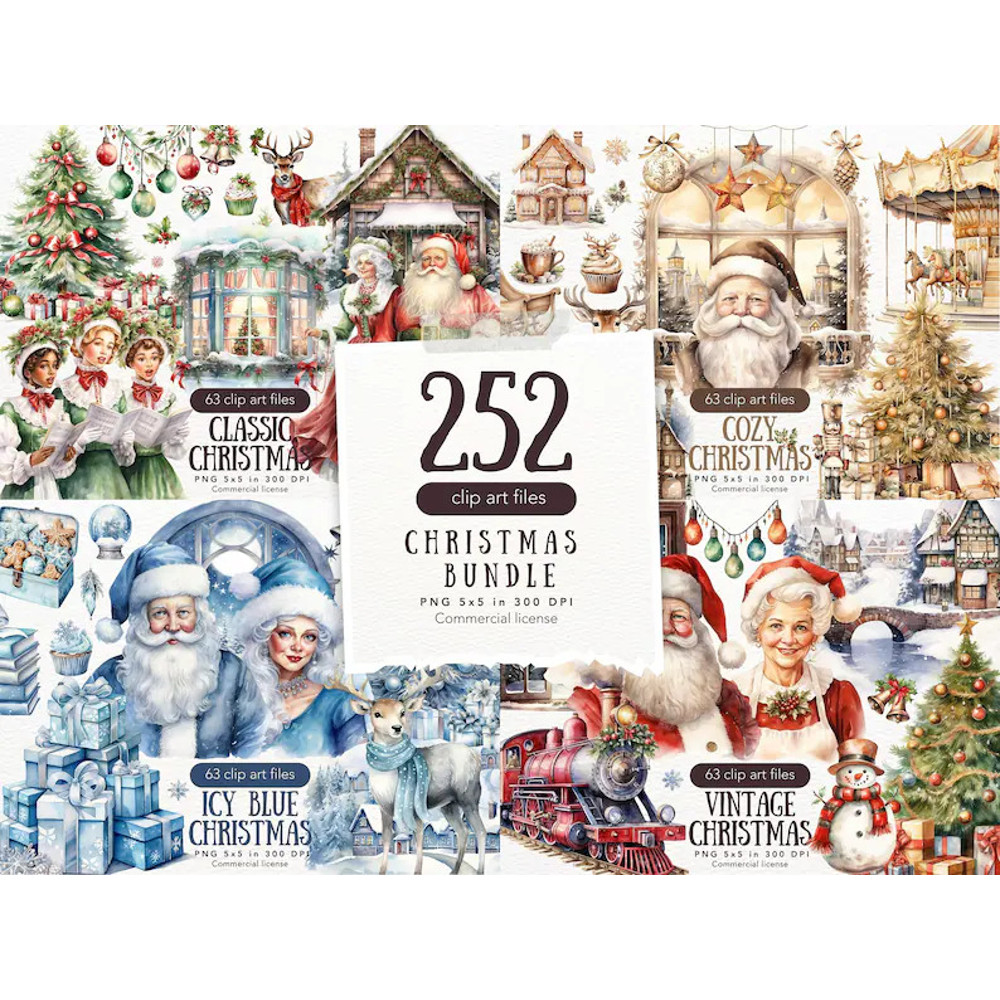 Watercolor Christmas PNG Clipart Bundle Images, Christmas Clipart,  (.jpg