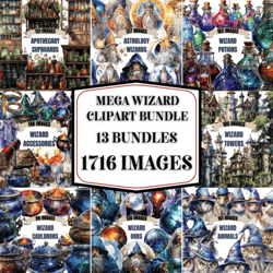 wizard clipart bundle 1716x png - watercolor - magic fantasy - transparent digital downloads for commercial use, craft