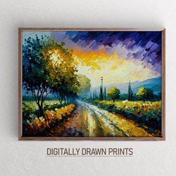 Autumn Sunset Drive with Lamps Printable Oil Painting , Autumn Field Landscape Oil Painting with Trees and Leaves, Art D