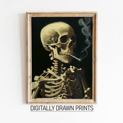 moody skull of a skeleton with burning cigarette, moody dark academia print, dark wall art, skull art print, gothic wall